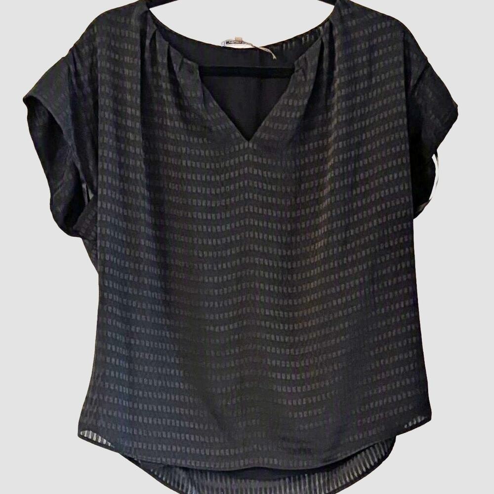 Calvin Klein Black Work Blouse M Textured V Neck Lined Cap Sleeve Top